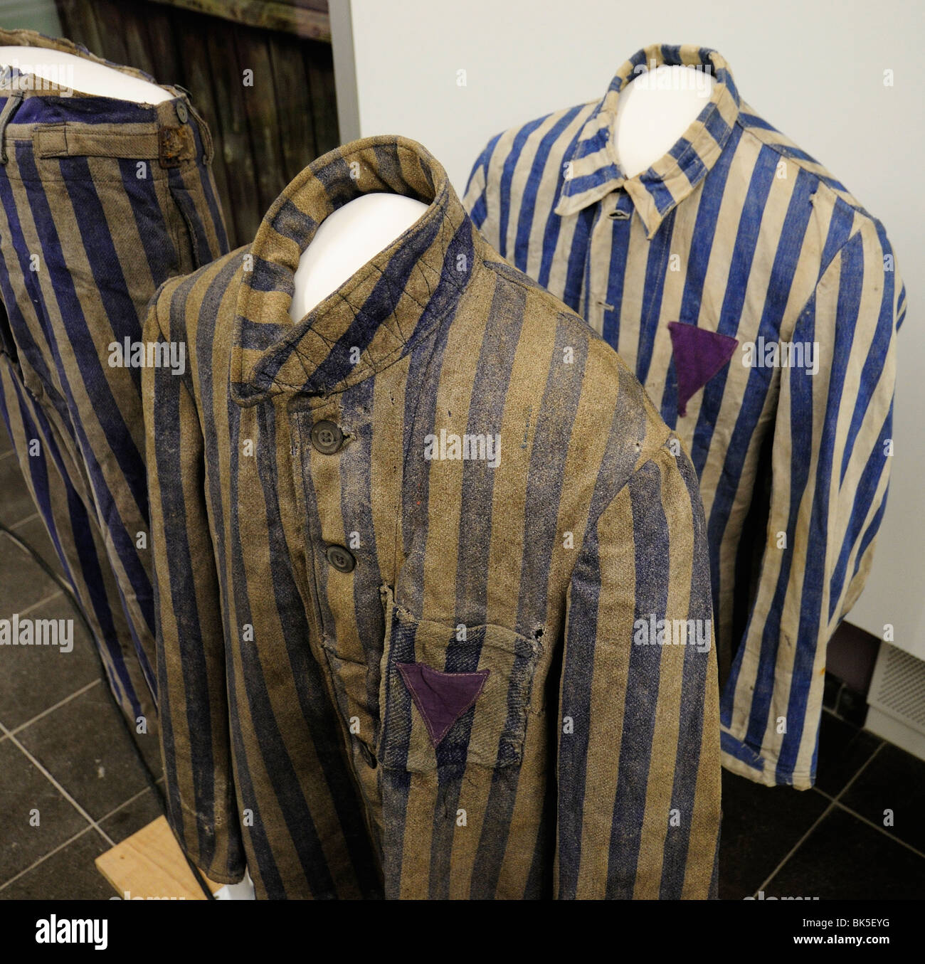 Striped uniforms of concentration camp prisoners on display in museum of Wewelsburg SS castle, Germany Stock Photo