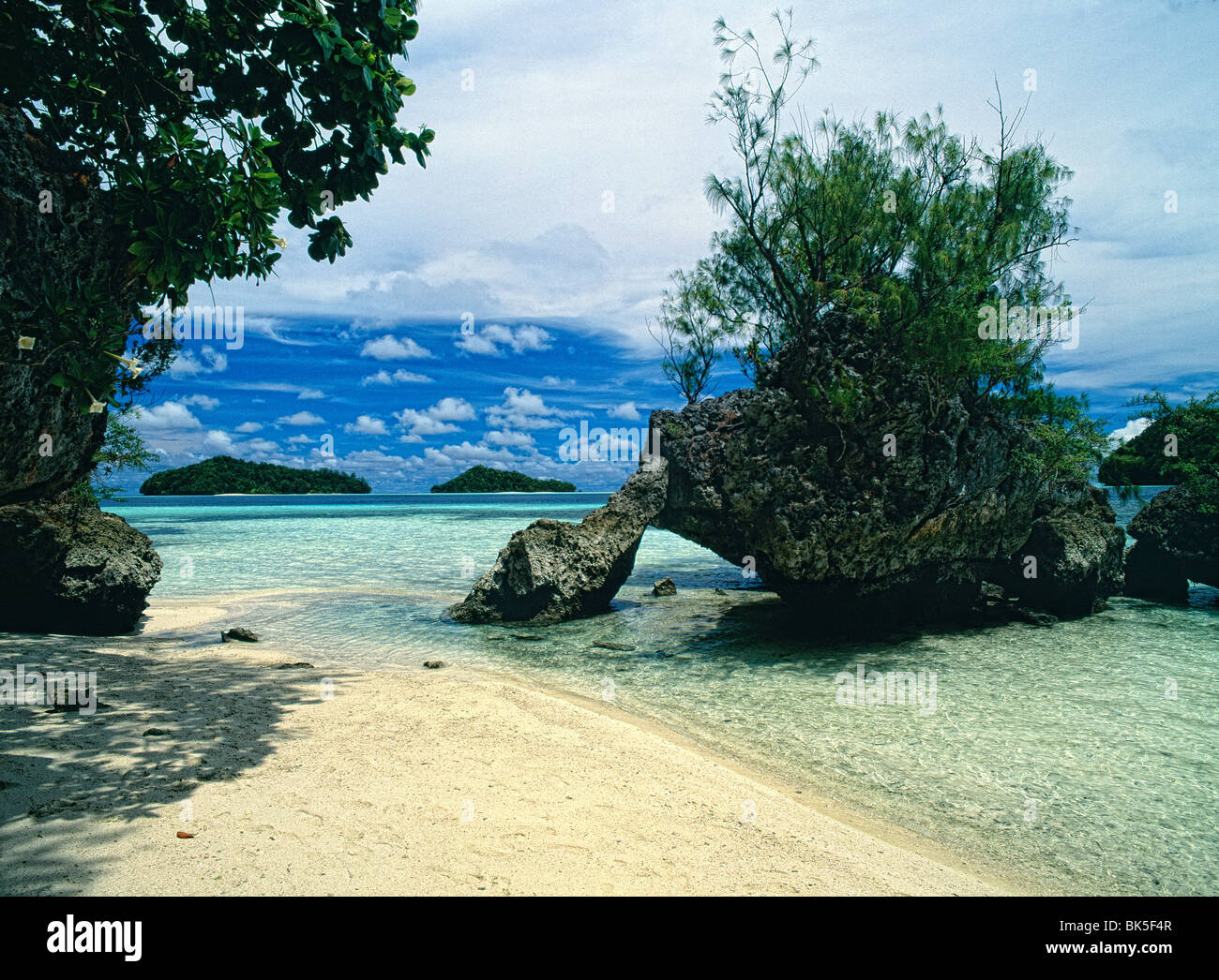 Beach and rocks, Rock Islands, Palau Stock Photo