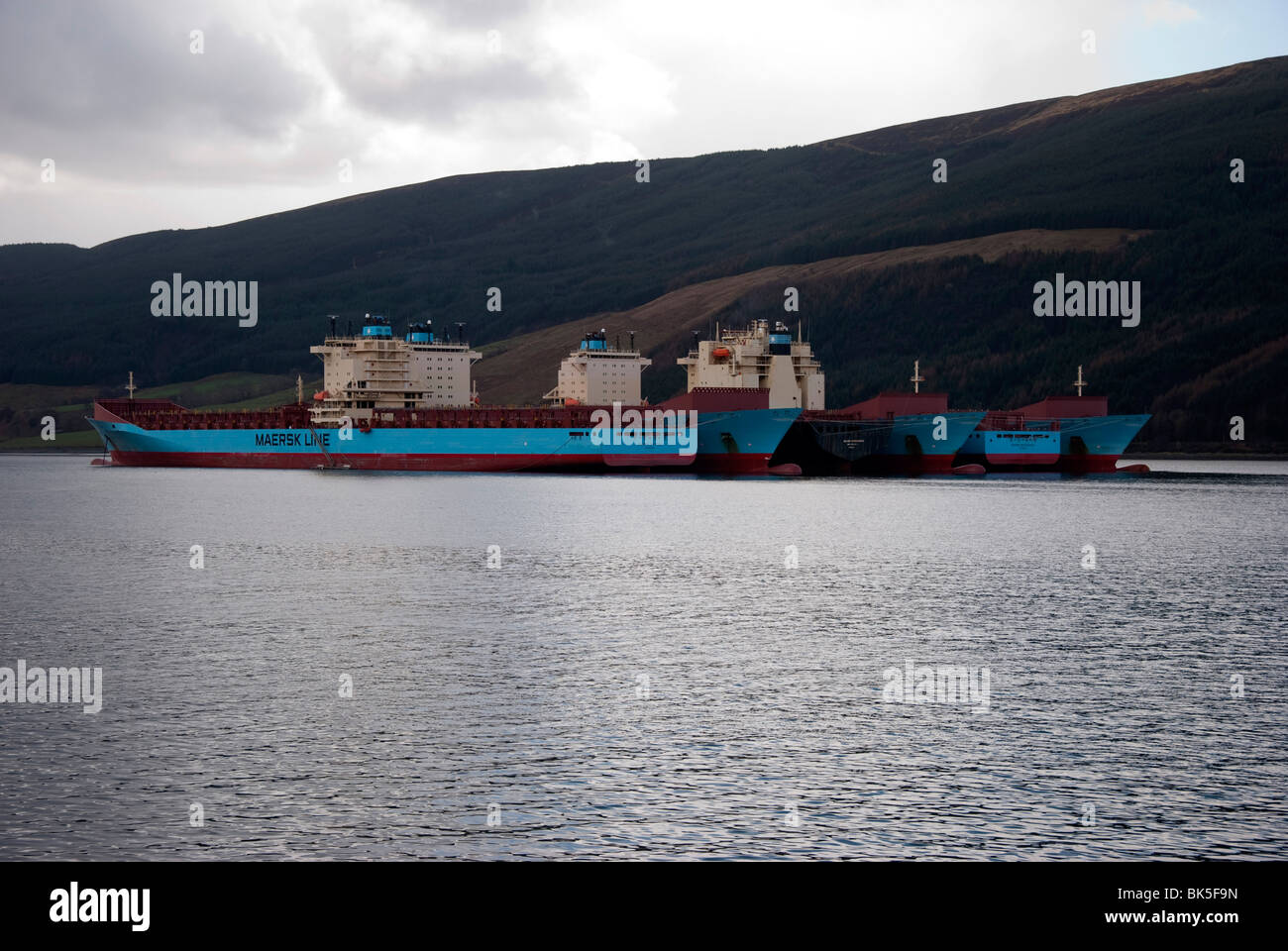 Six Mothballed Maersk Shipping Line Cargo Ships Stock Photo