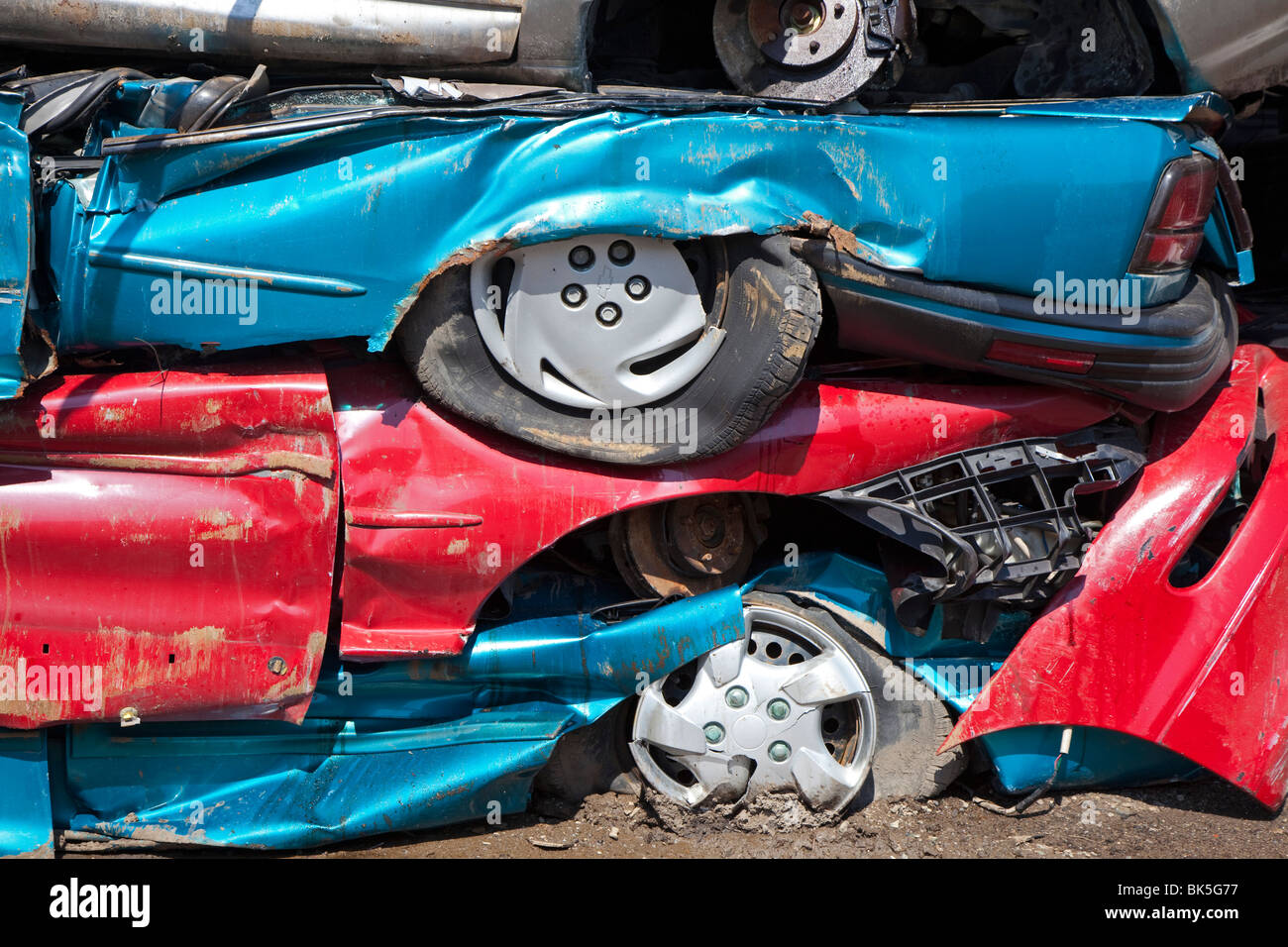 Detroit, Michigan Junk cars crushed and ready for recycling at a
