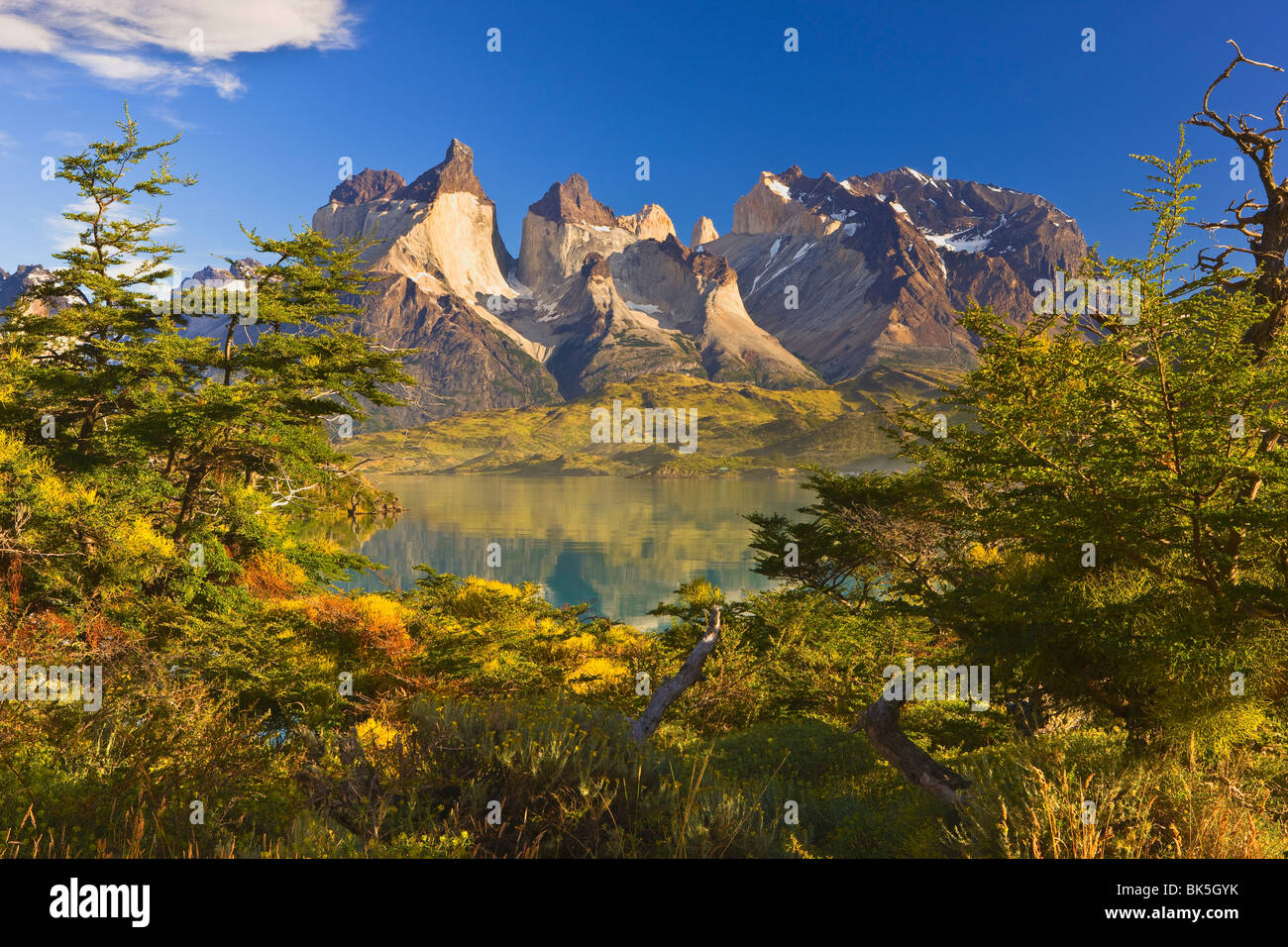 Cuernos del Paine reflected in Lago (Lake) Pehoe, Torres del Paine National Park, Patagonia, Chile Stock Photo