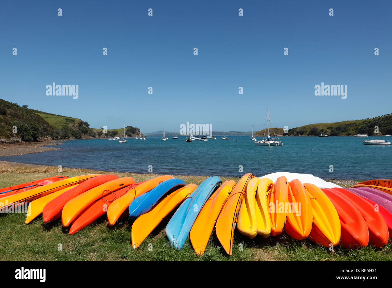 Kayaks at matiatia Bay, Waiheke Island, Auckland. Stock Photo