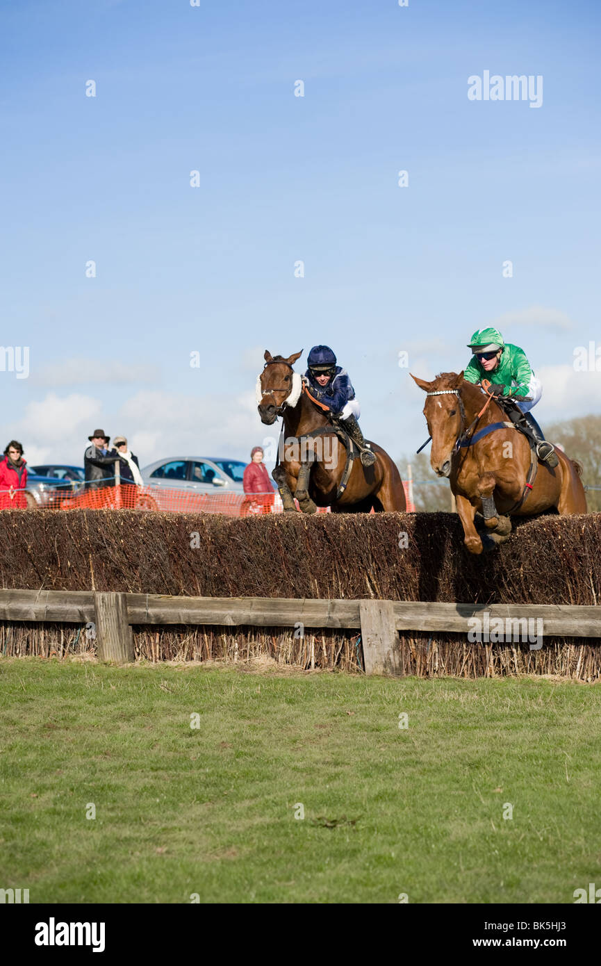 Two horses jump a fence at a point to point event Stock Photo