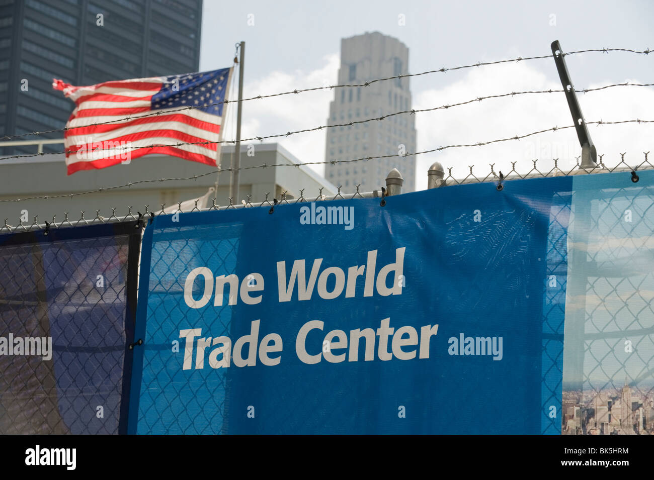 Construction hoarding with American flag at Ground Zero, New York City, USA Stock Photo