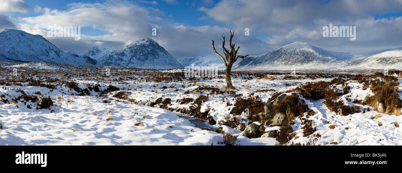 Panoramic view over snow-covered Rannoch Moor towards distant mountains, Highland, Scotland, UK Stock Photo