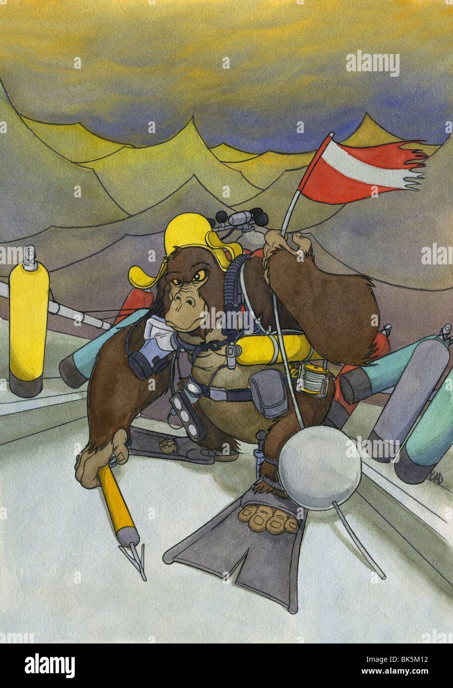 Gorilla Diver, Brian Diskin, (b.20th C./American), Drawing Stock Photo