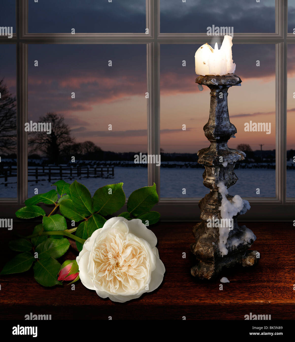 white rose and candle Stock Photo - Alamy
