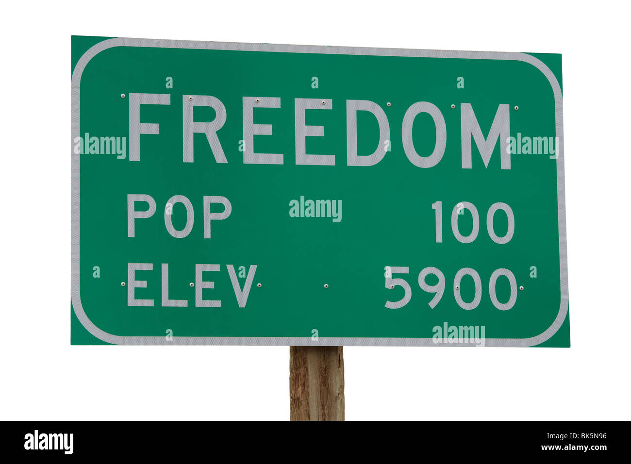 Town Sign Freedom Wyoming Idaho border town. Population 100. Elevation 5900. cut out cutout isolated on white background Stock Photo