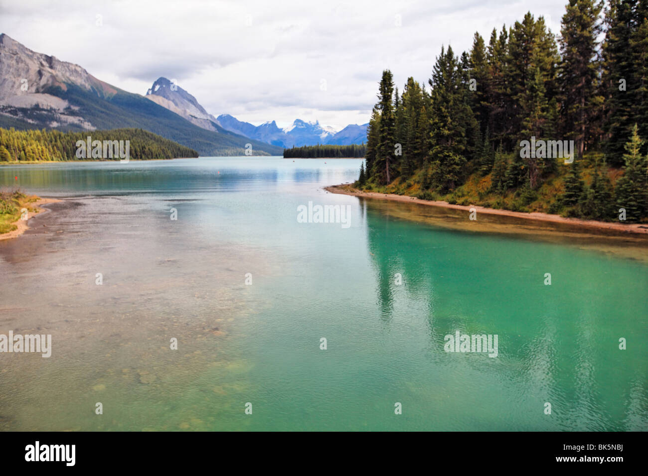 Island on a Lake, Maligne Lake, Jasper Nat'l Park, Alberta, Canada Stock Photo