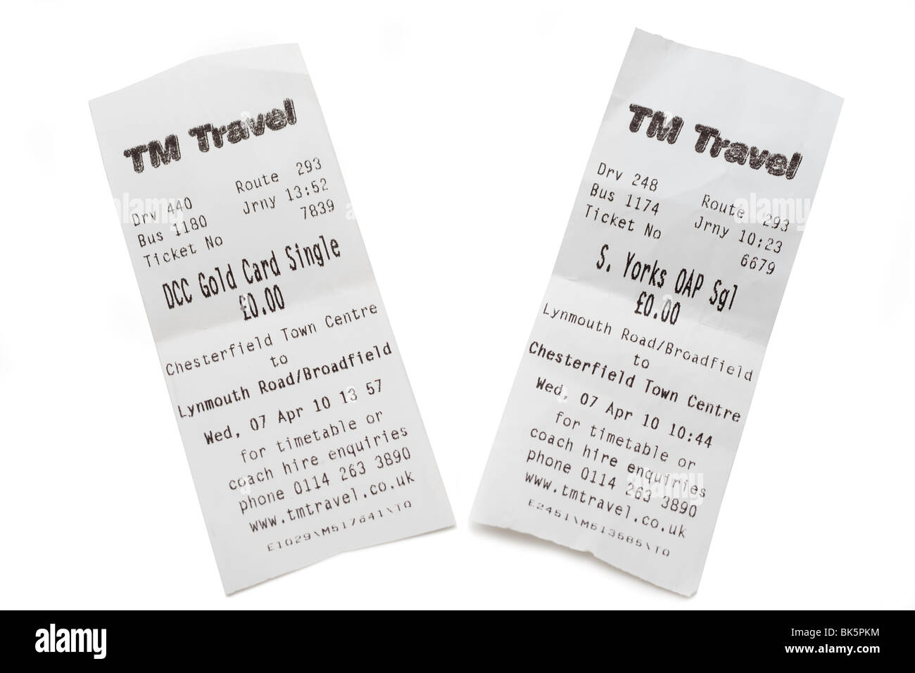 Two Tm Travel bus tickets outward and return journeys Stock Photo