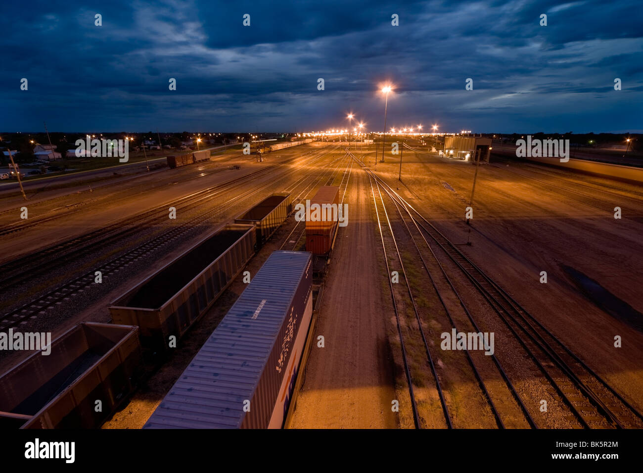 The eastern entrance to Bailey Railway Yard in North Platte, Nebraska, at dusk. The world’s largest railroad classification yard Stock Photo