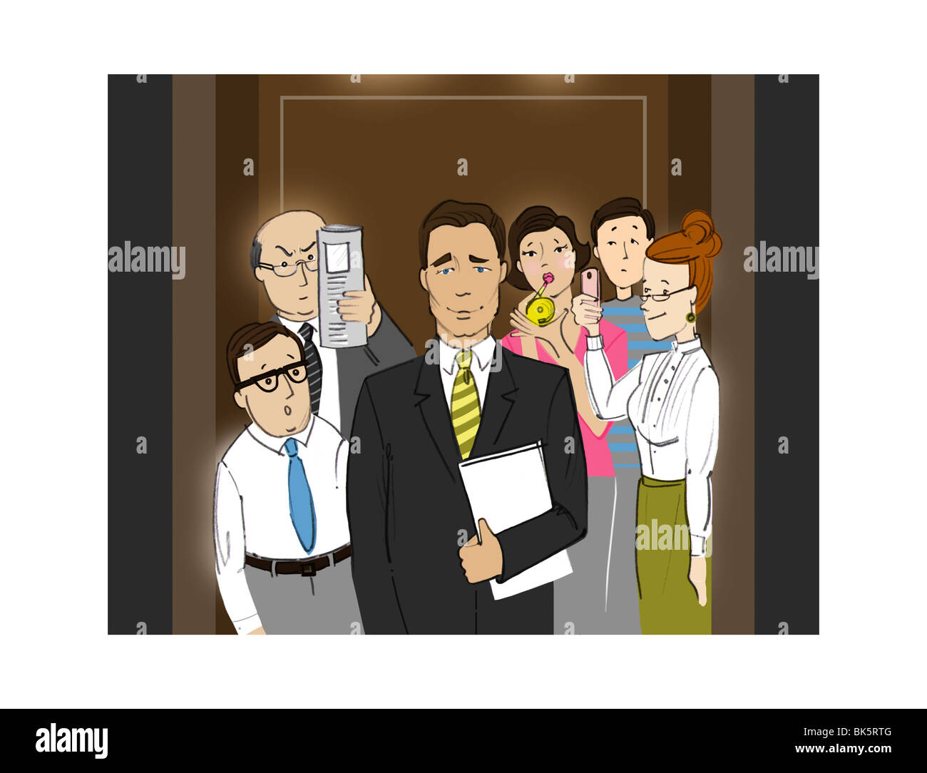 Illustration of Business People in Elevator Looking at a Handsome Businessman Stock Photo