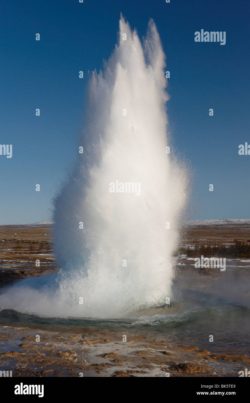 Strokkur (the Churn) erupts every 5-10 minutes to heights of up to 20 meters (70ft), Geysir, Golden Circle, Iceland Stock Photo
