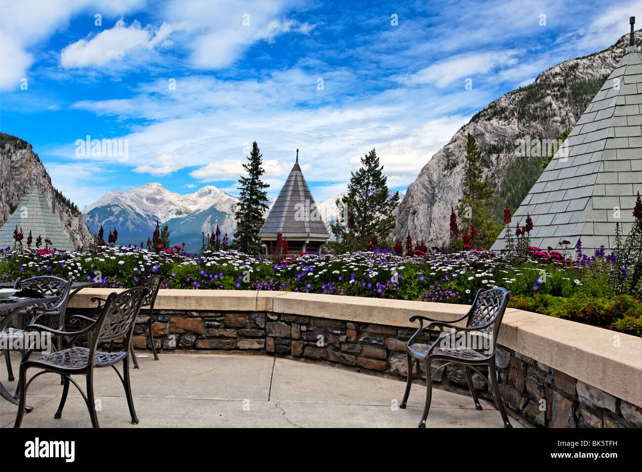 Scenic View from the Terrace of the Banff Springs Hotel, Alberta, Canada Stock Photo