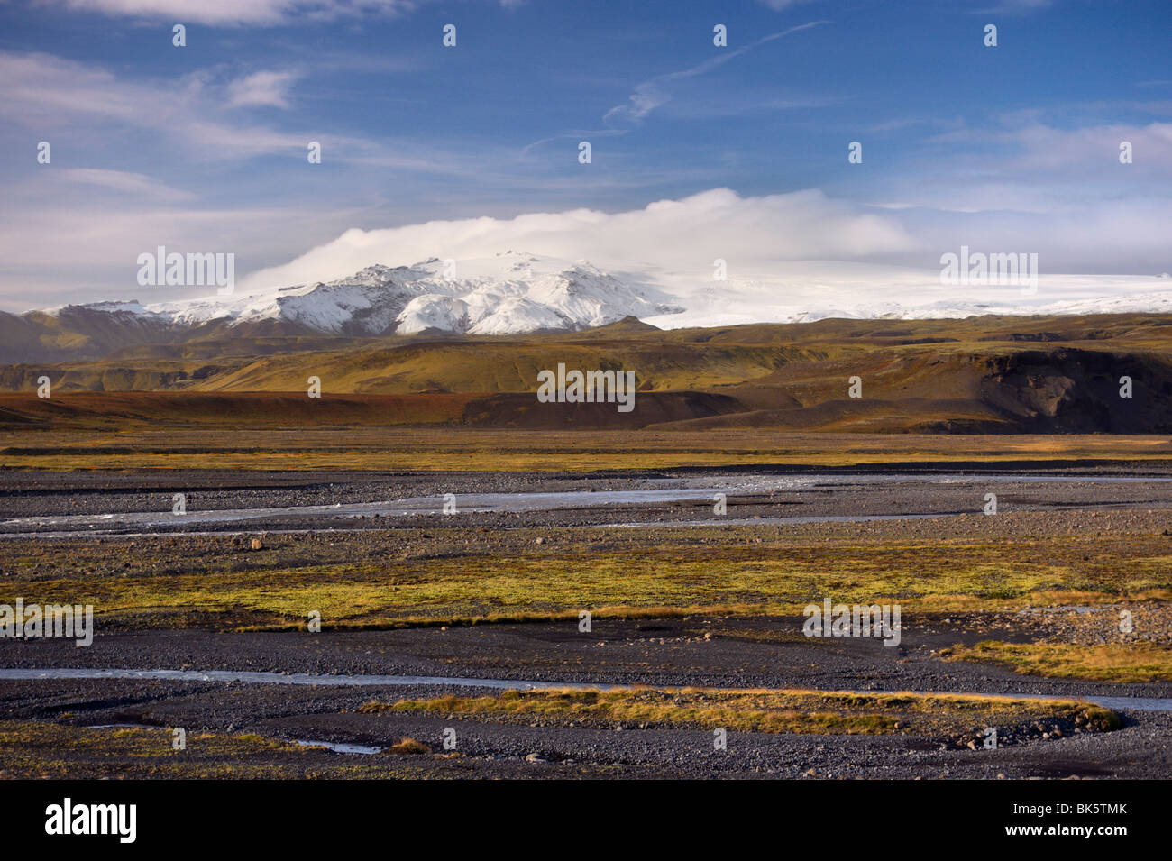 Glacial river valley, Myrdalsjokull glacier in the distance, near Vik, South Iceland, Iceland, Polar Regions Stock Photo