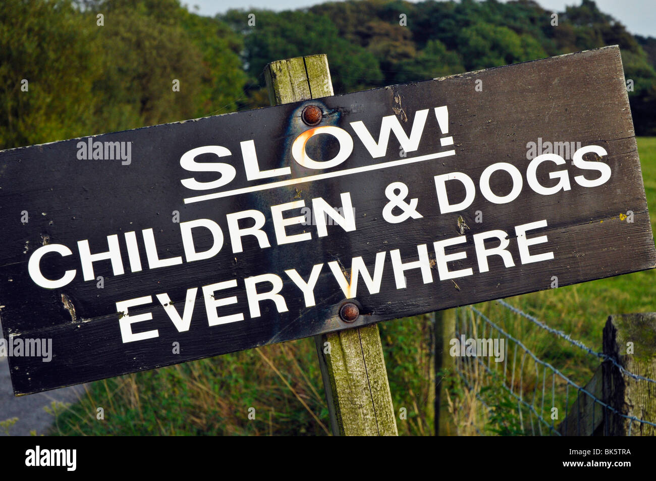 Slow! Children and dogs everywhere sign in Bleasdale, Lancashire, England Stock Photo
