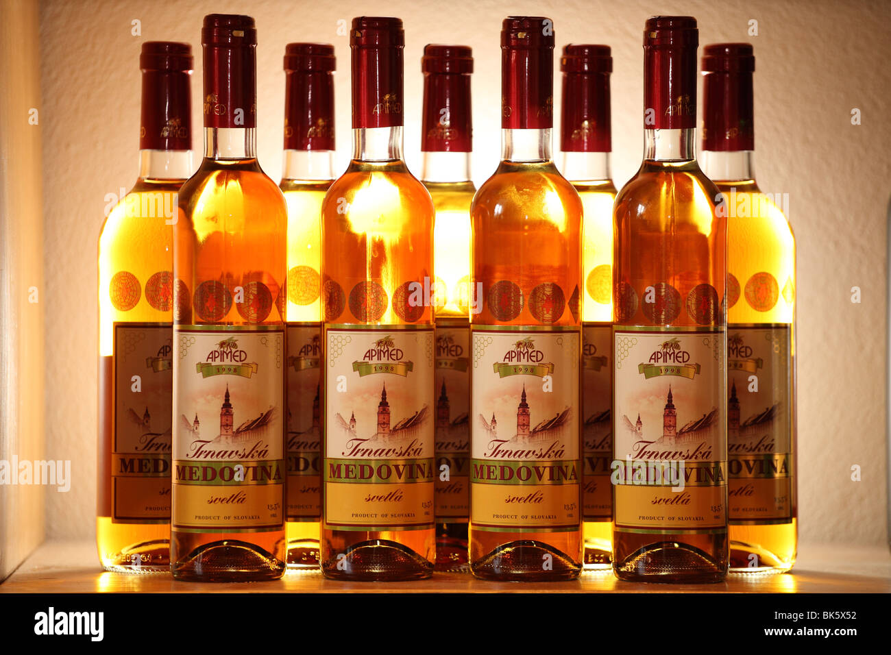 The bottles of mead from Slovak producer Apimed, Dolna Krupa Stock