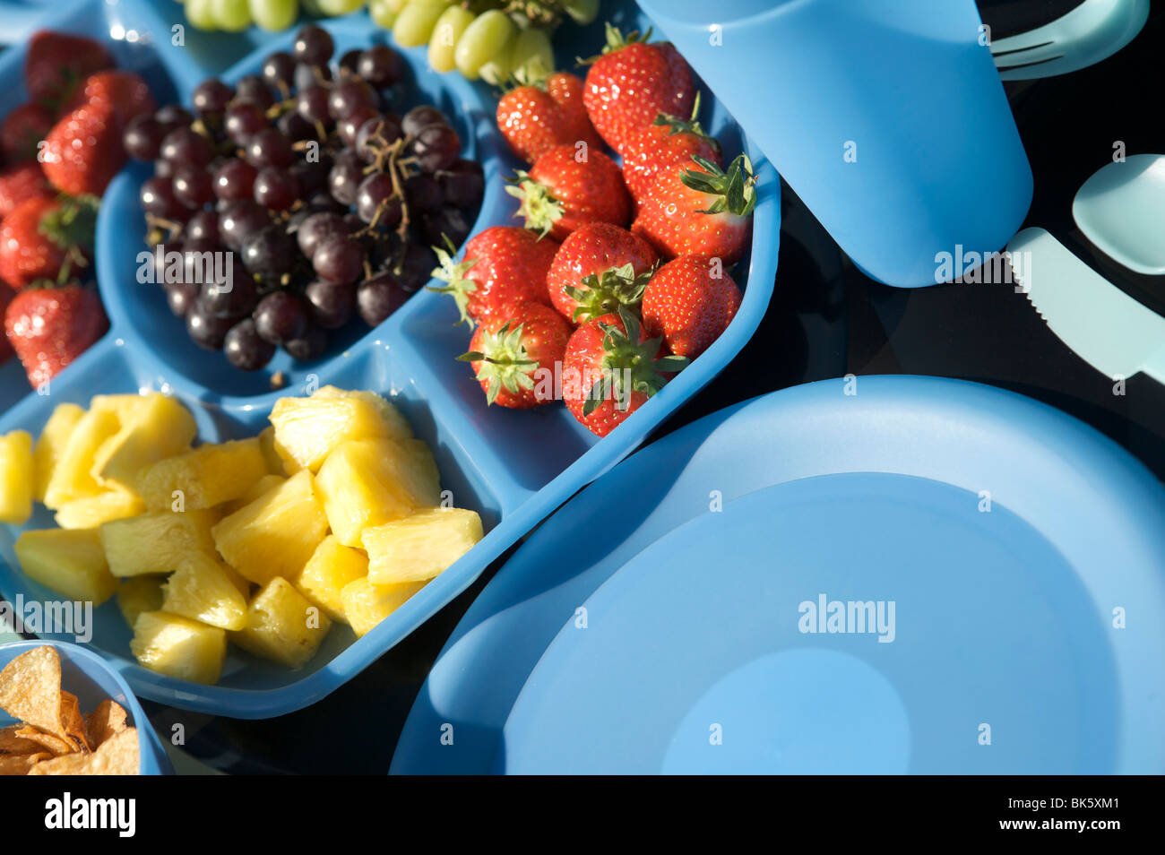 https://c8.alamy.com/comp/BK5XM1/outdoor-meal-or-picnic-on-a-black-table-with-blue-plastic-bowls-cups-BK5XM1.jpg