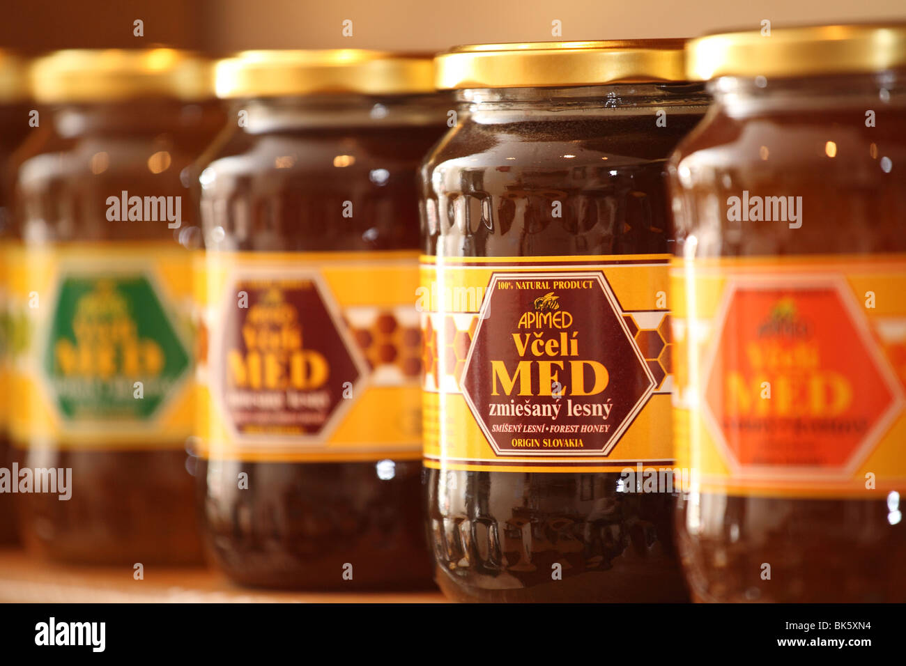 The jars of honey from Slovak producer Apimed, Dolna Krupa. Stock Photo