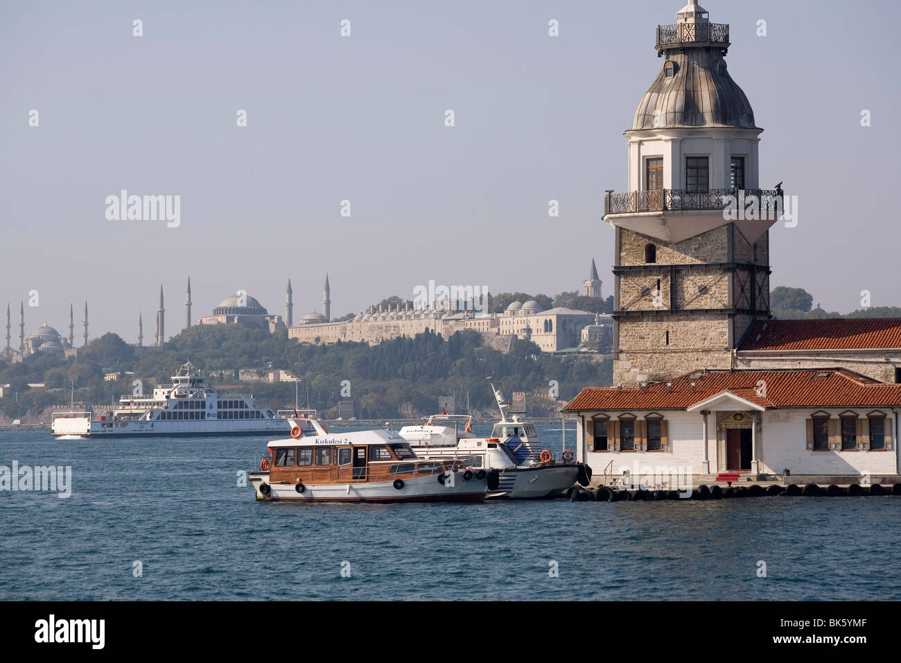 Maiden's towe with Topkapi palace and minarets of Hagia Sophia and Blue Mosque in distance, Istanbul, Turkey Stock Photo