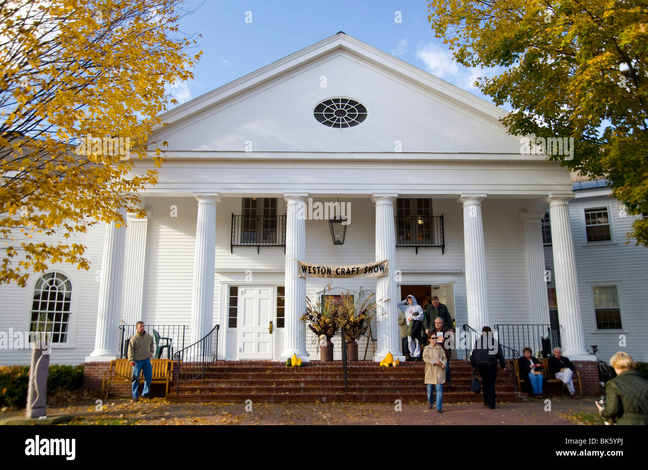 The Weston Town Hall decorated for a craft fair on Columbus Day weekend