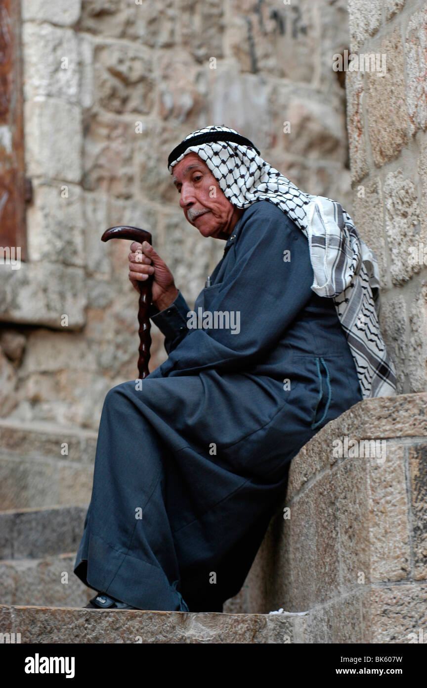 Old Palestinian man resting in East Jerusalem, Jerussalem, Israel, Middle East Stock Photo