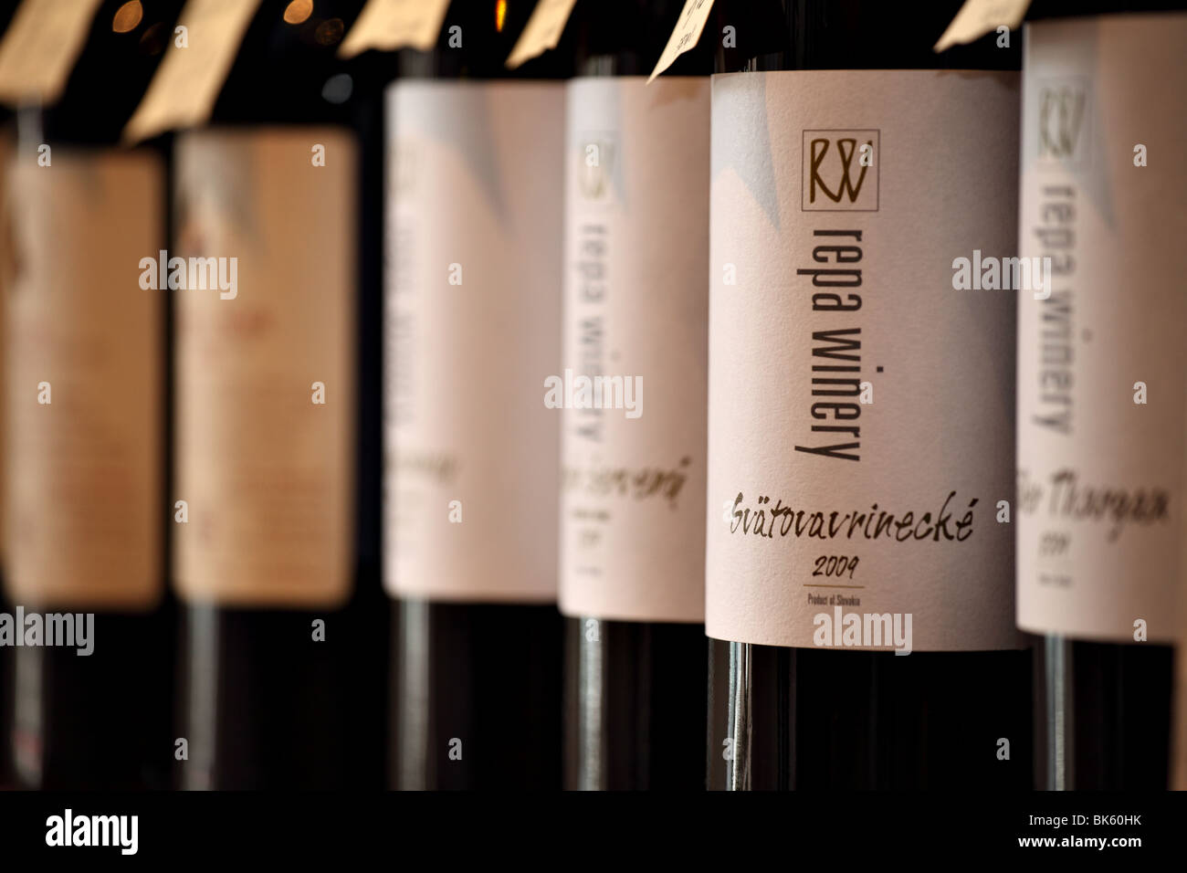 The bottles of  red wine 'Svatovavrinecke' from 'Repa Winery' in the wine shop 'Vinoteka Soldan'. Stock Photo