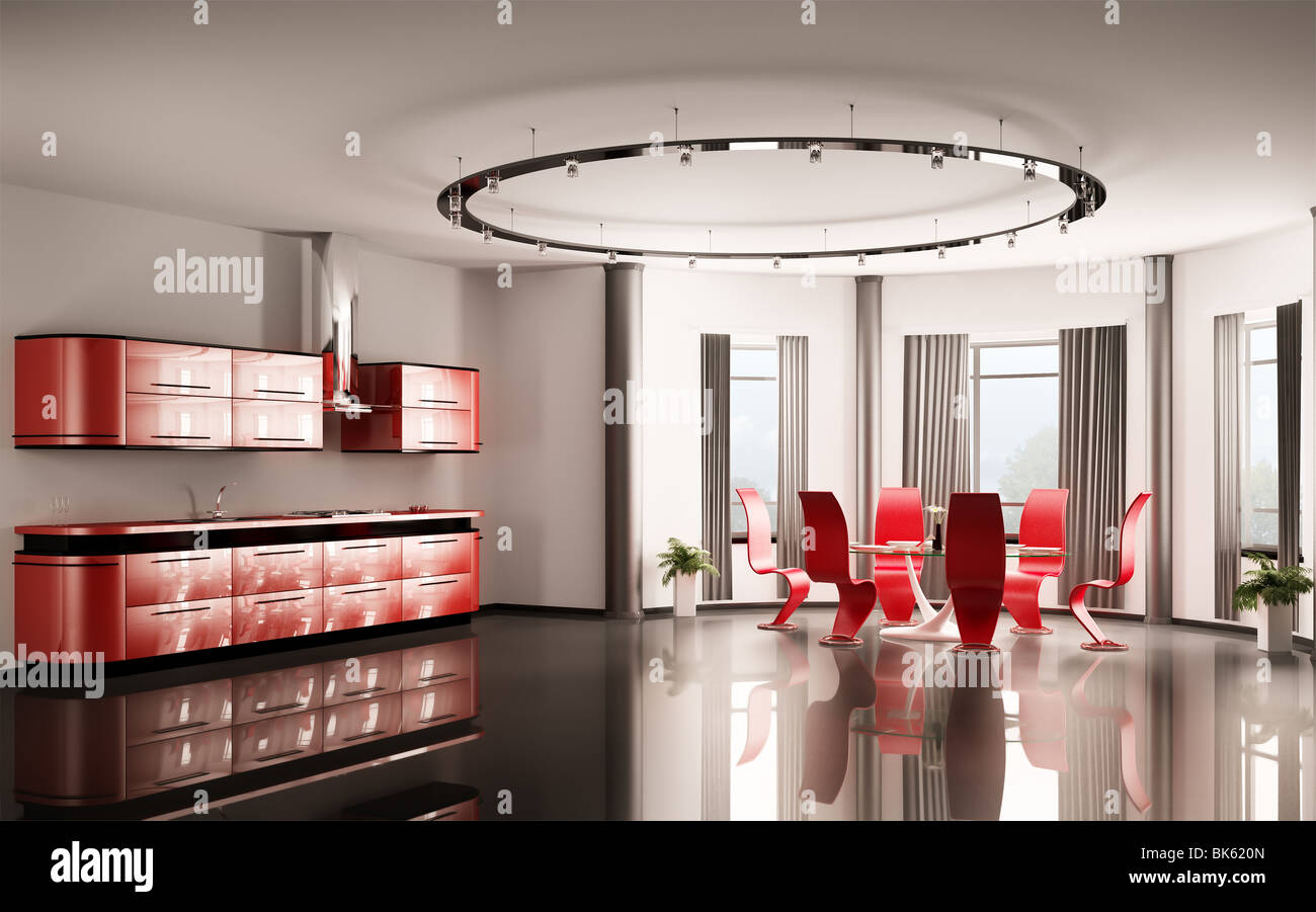Modern red kitchen interior 3d Stock Photo - Alamy