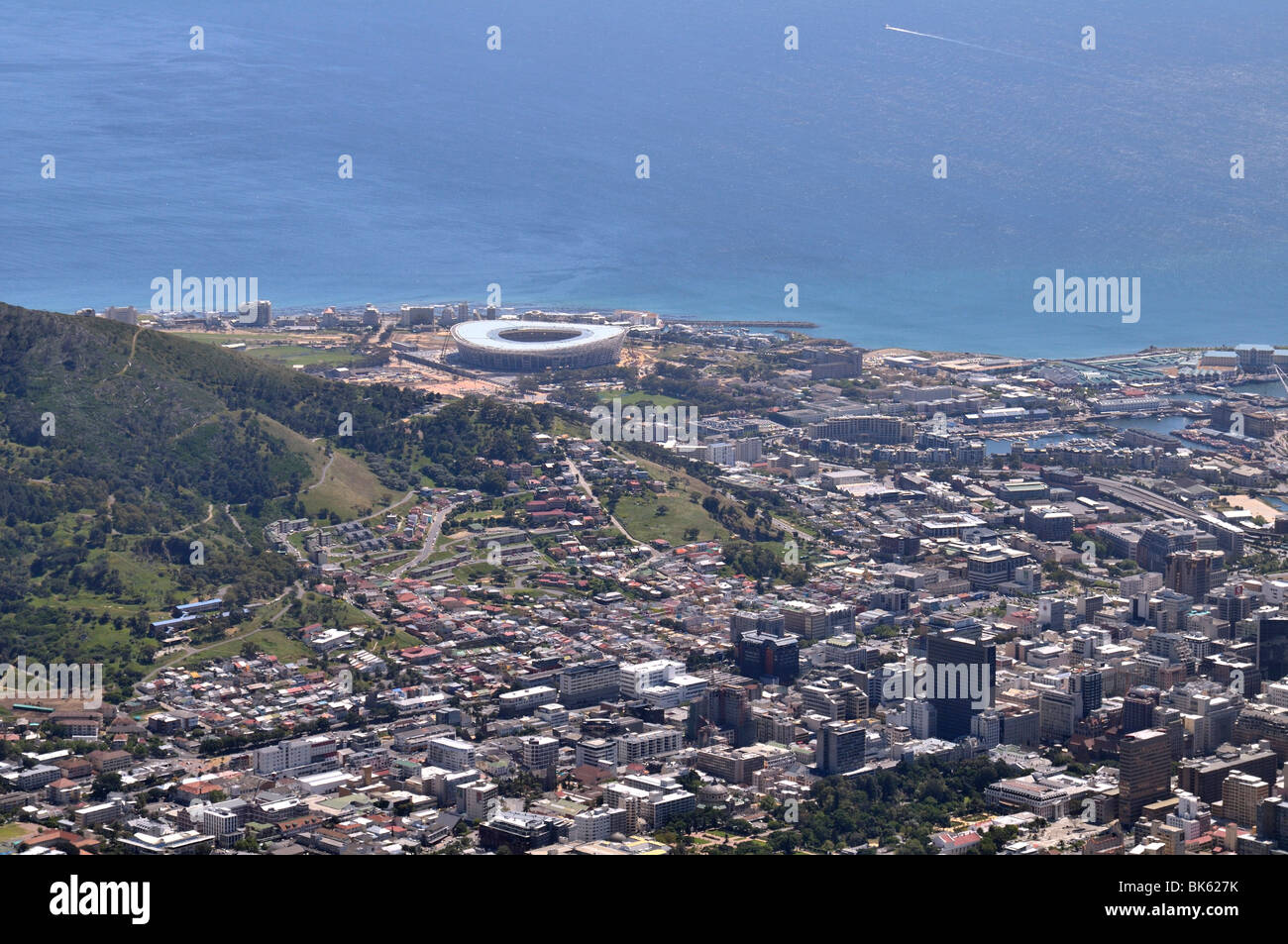 World Cup 2010, Green Point Stadium football stadium construction site, view from Table Mountain, Cape Town, South Africa, Afri Stock Photo
