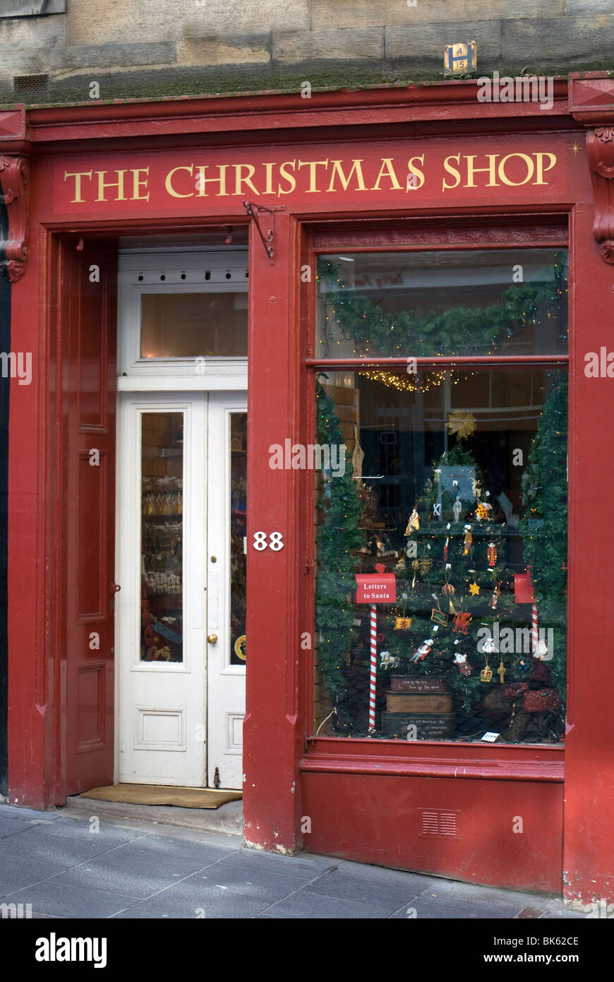 The frontage of one of Edinburgh's allyearround Christmas shops Stock