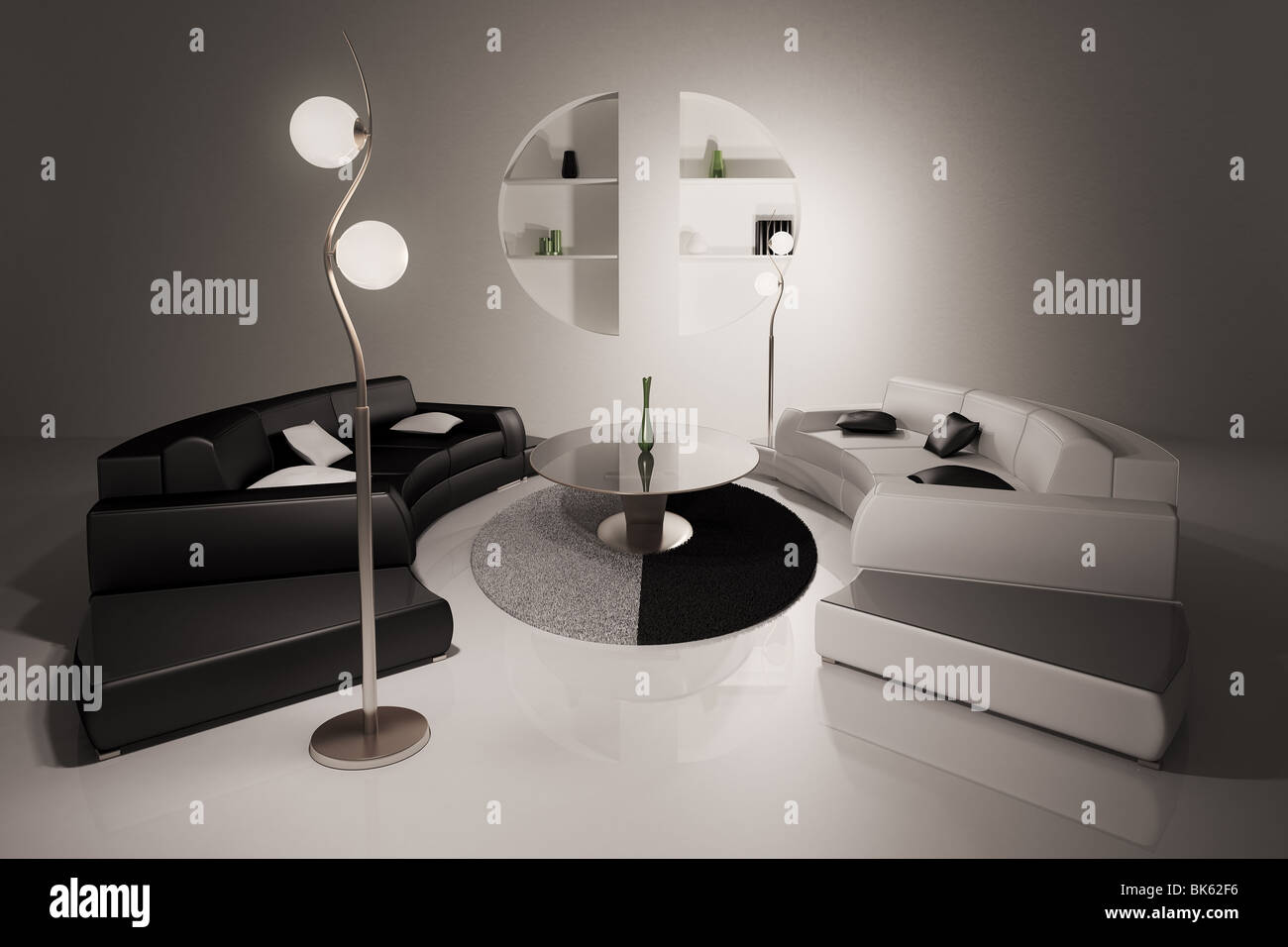 Living room with black and white sofas interior 3d render Stock Photo ...