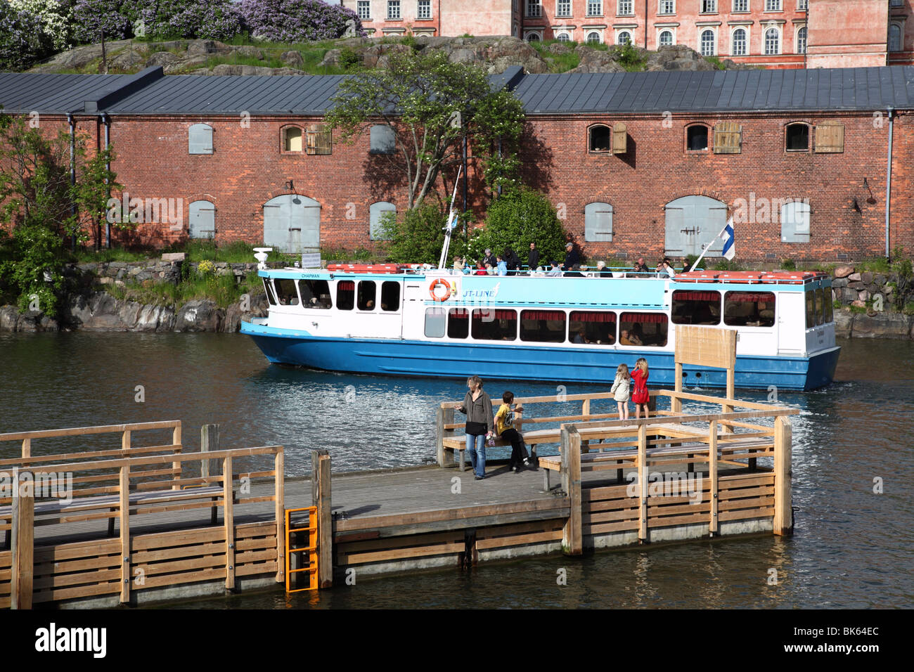Ferry from Helsinki with Museum and Visitors Centre in the background, Suomenlinna Island, Helsinki, Finland, Scandinavia Stock Photo