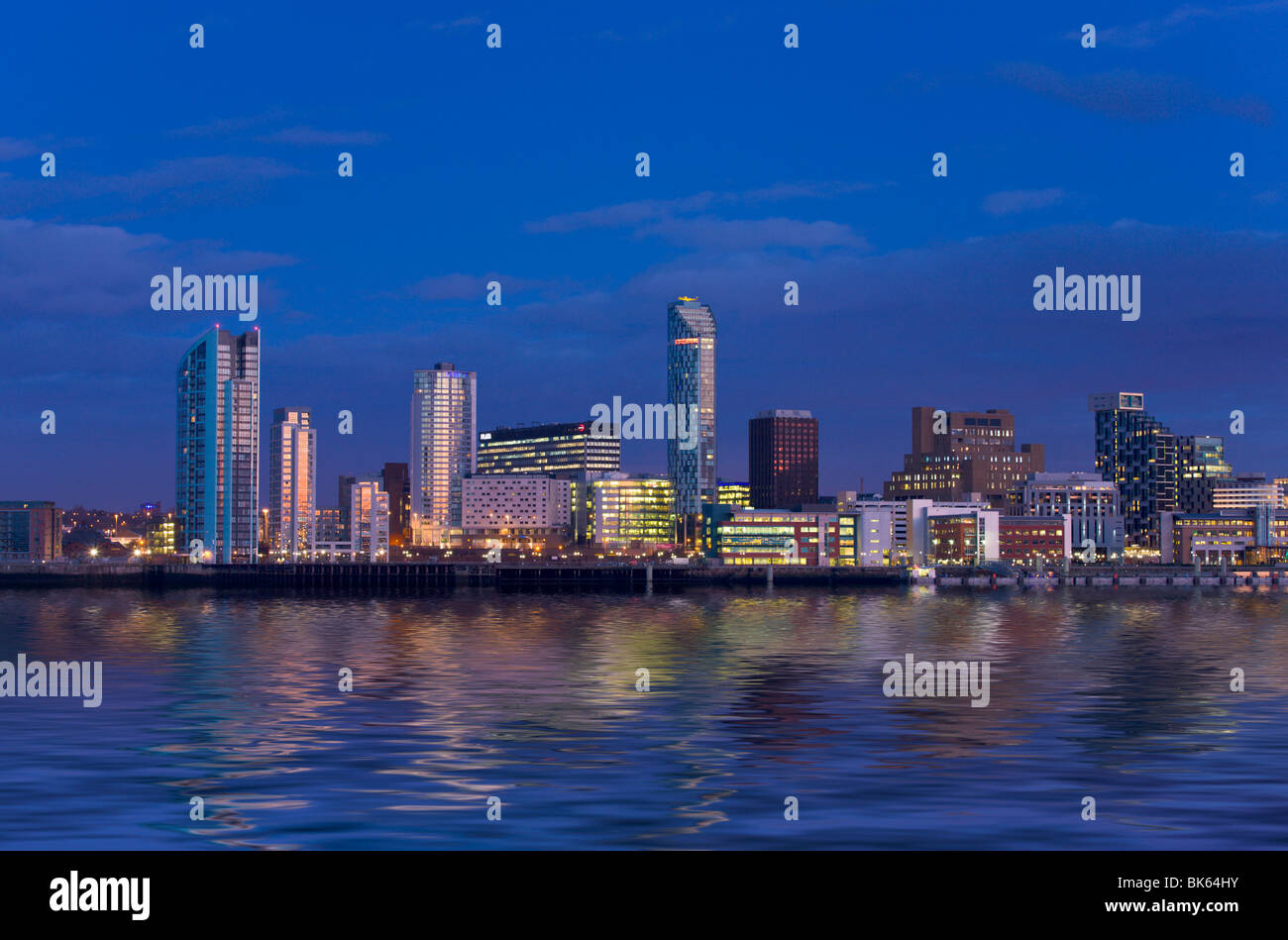 Skyline and Waterfront at night, Liverpool, Merseyside, England Stock Photo