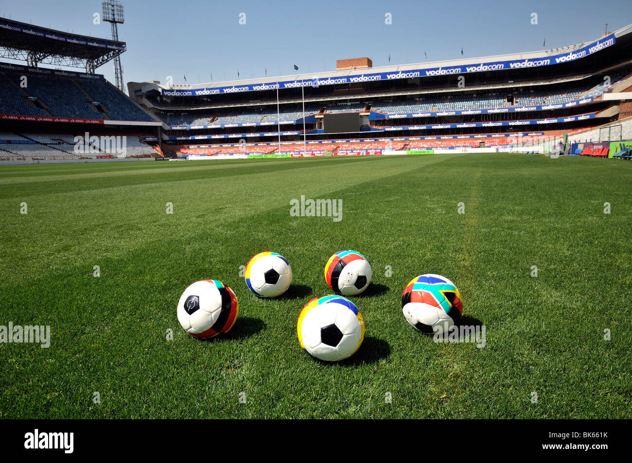 2010 FIFA World Cup, German-South African Cooperation, soccer balls with German and South African flags at Loftus Versfeld Stad Stock Photo
