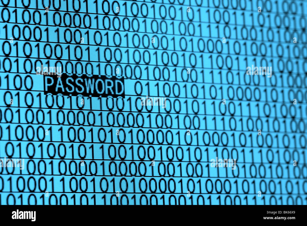 Computer screen with binary code and password text, great concept for computer, technology and online security. Stock Photo