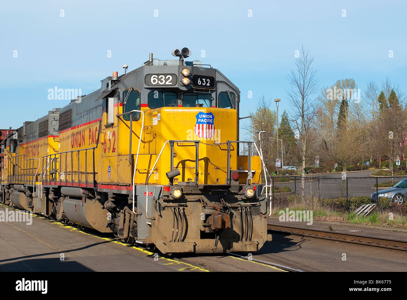 Amtrak freight train passing through the railway station in Eugene
