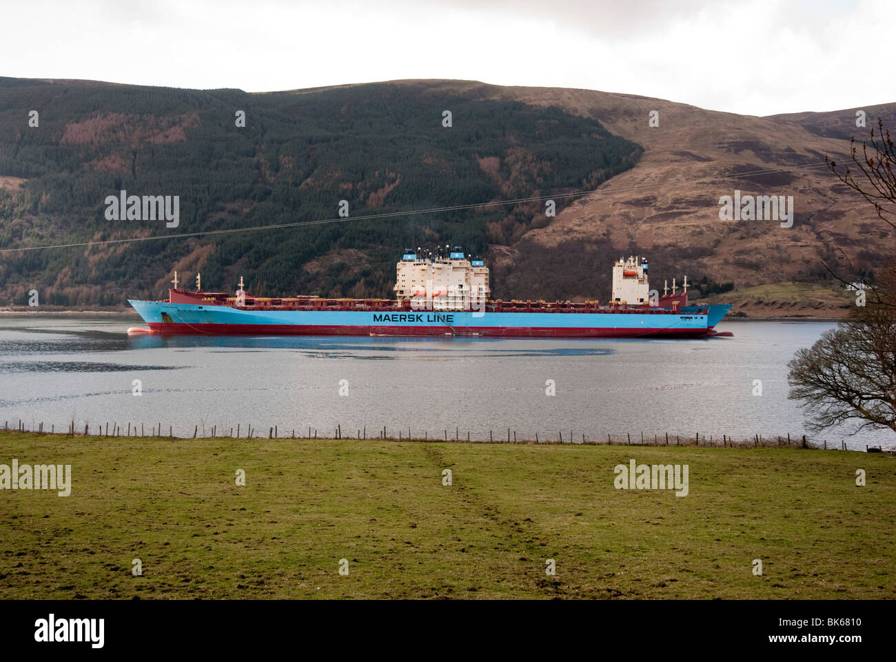 Profile View Six Ship Raft of Maersk Cargo Vessels Loch Striven Argyll & Bute Western Scotland Stock Photo