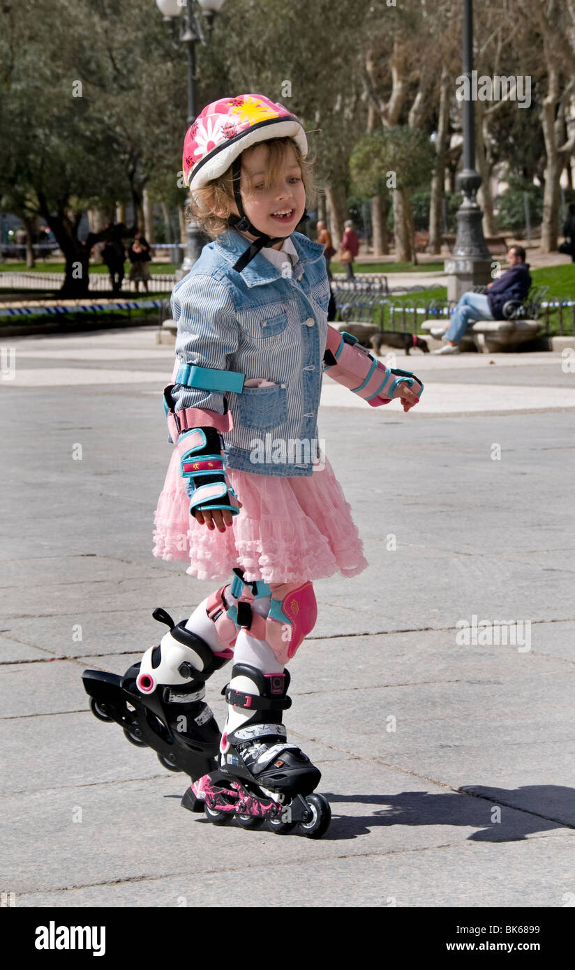 Plaze de Espana Madrid Spain little girl child inline roller skating