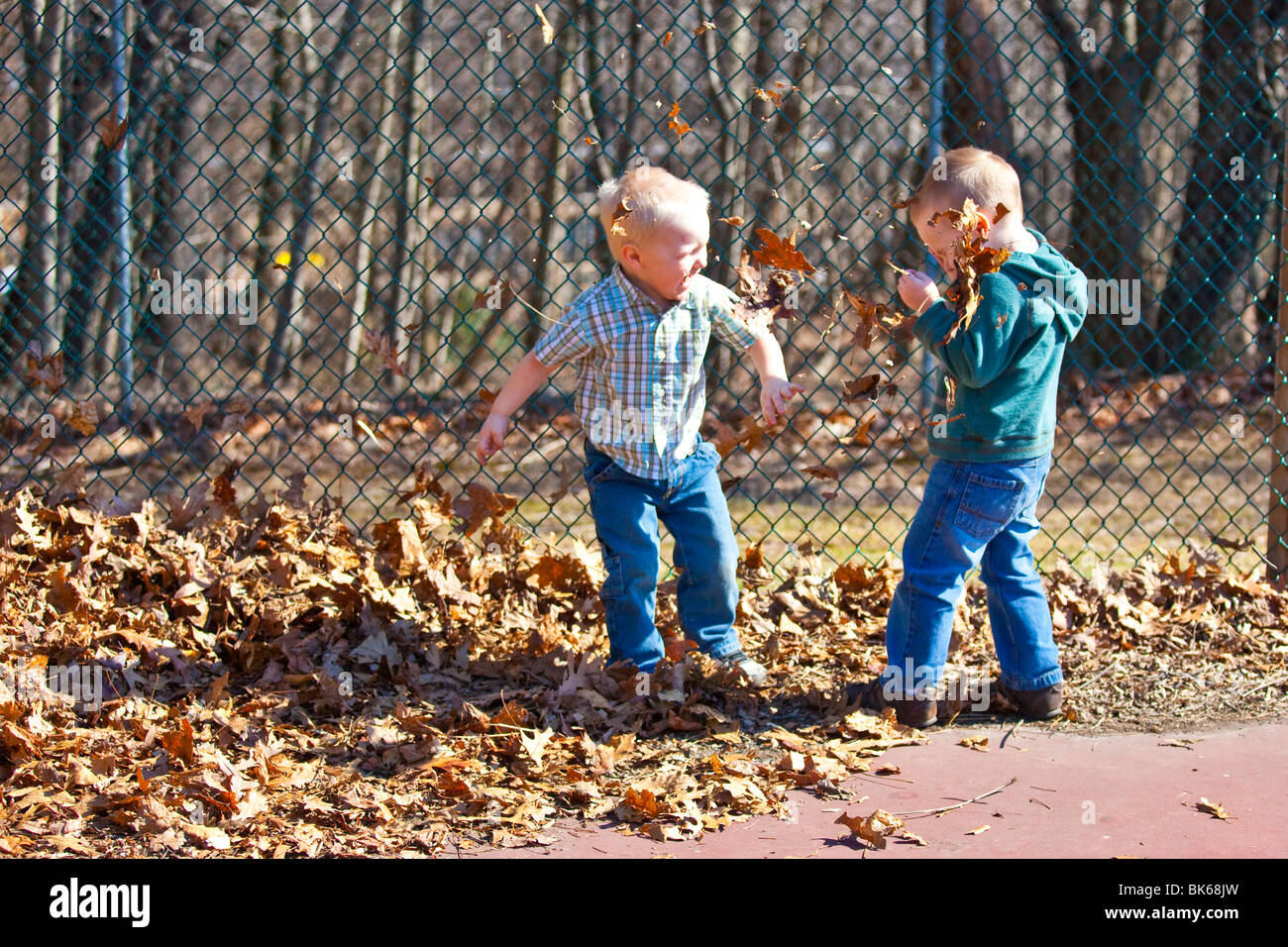 Playing in the leaves at a park in South Orange, New Jersey Stock Photo