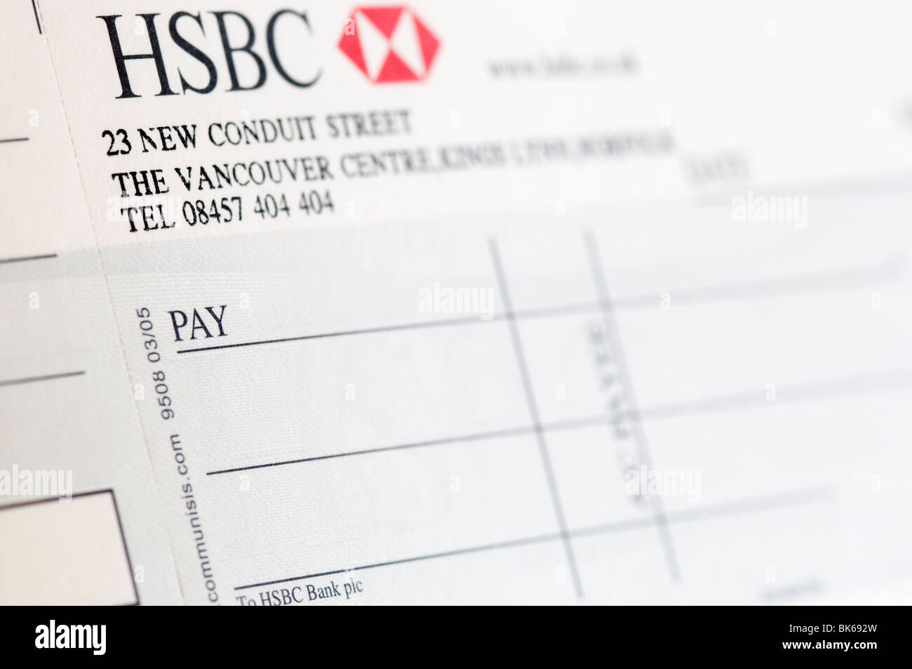 HSBC Bank name on cheque Stock Photo