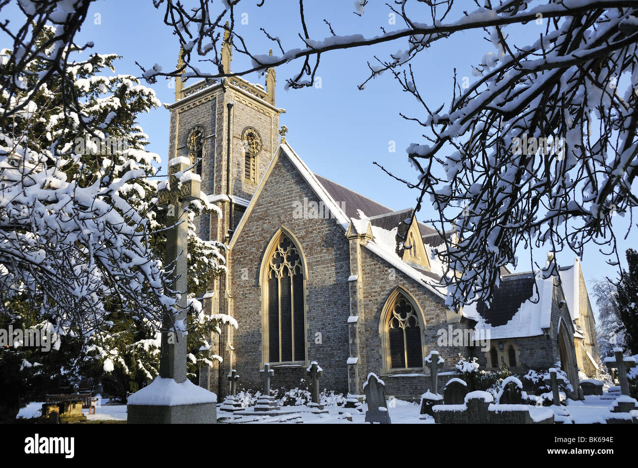 St Peters Church in the snow, Church Road, Earley, Reading, Berkshire