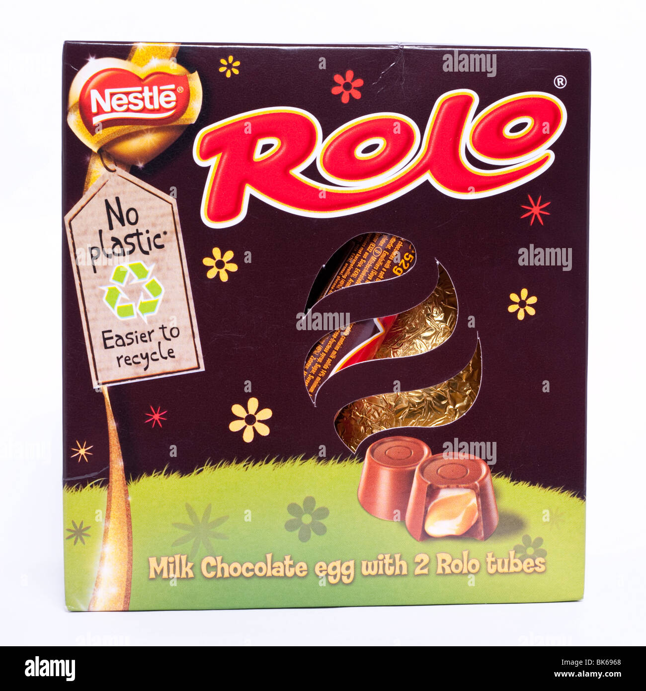 A Nestle Rolo easter egg including 2 rolo tubes on a white background Stock Photo