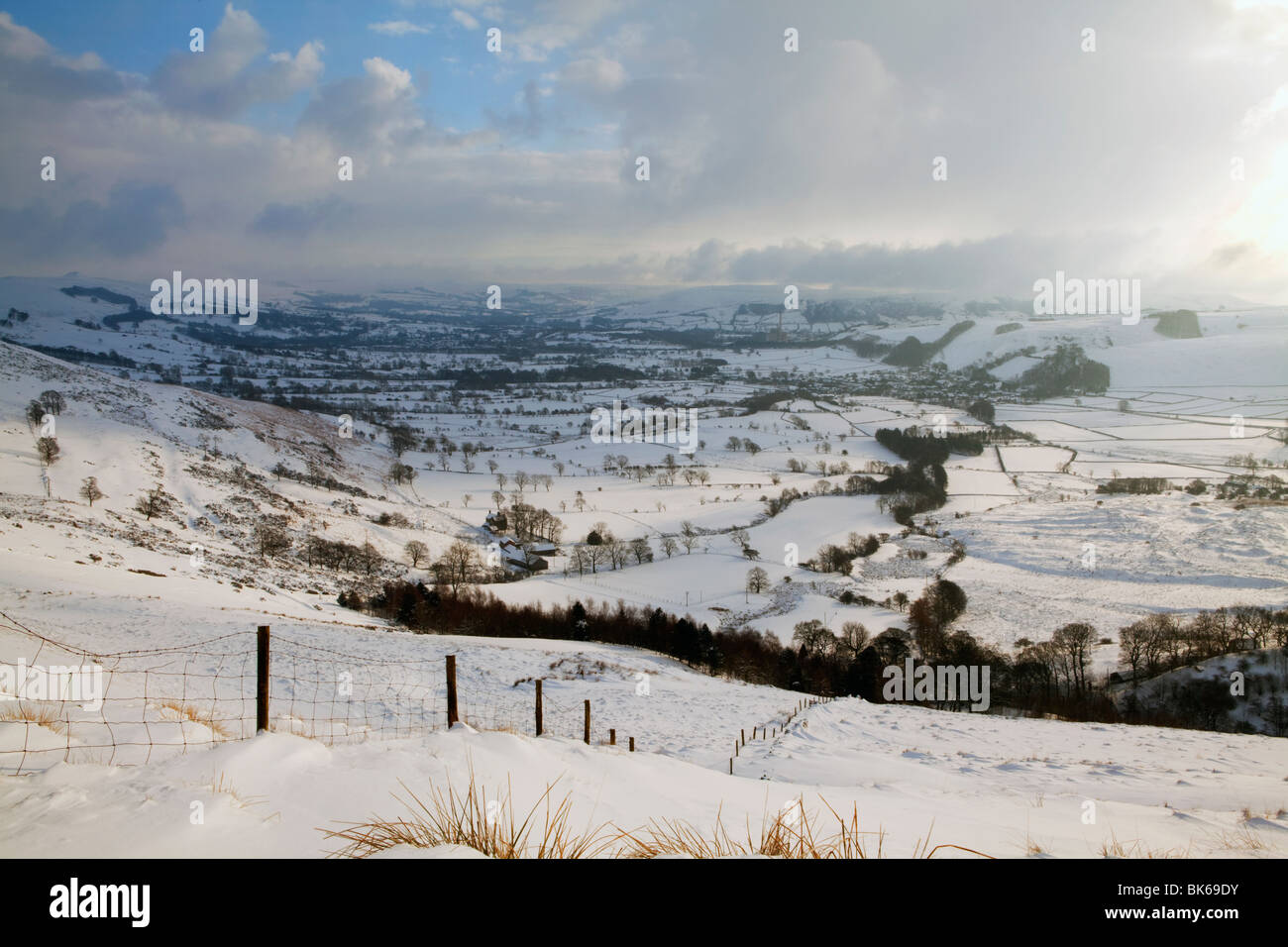 A snowy View over Hope Valley from Mam Tor in the Peak District National Park, UK, England Stock Photo
