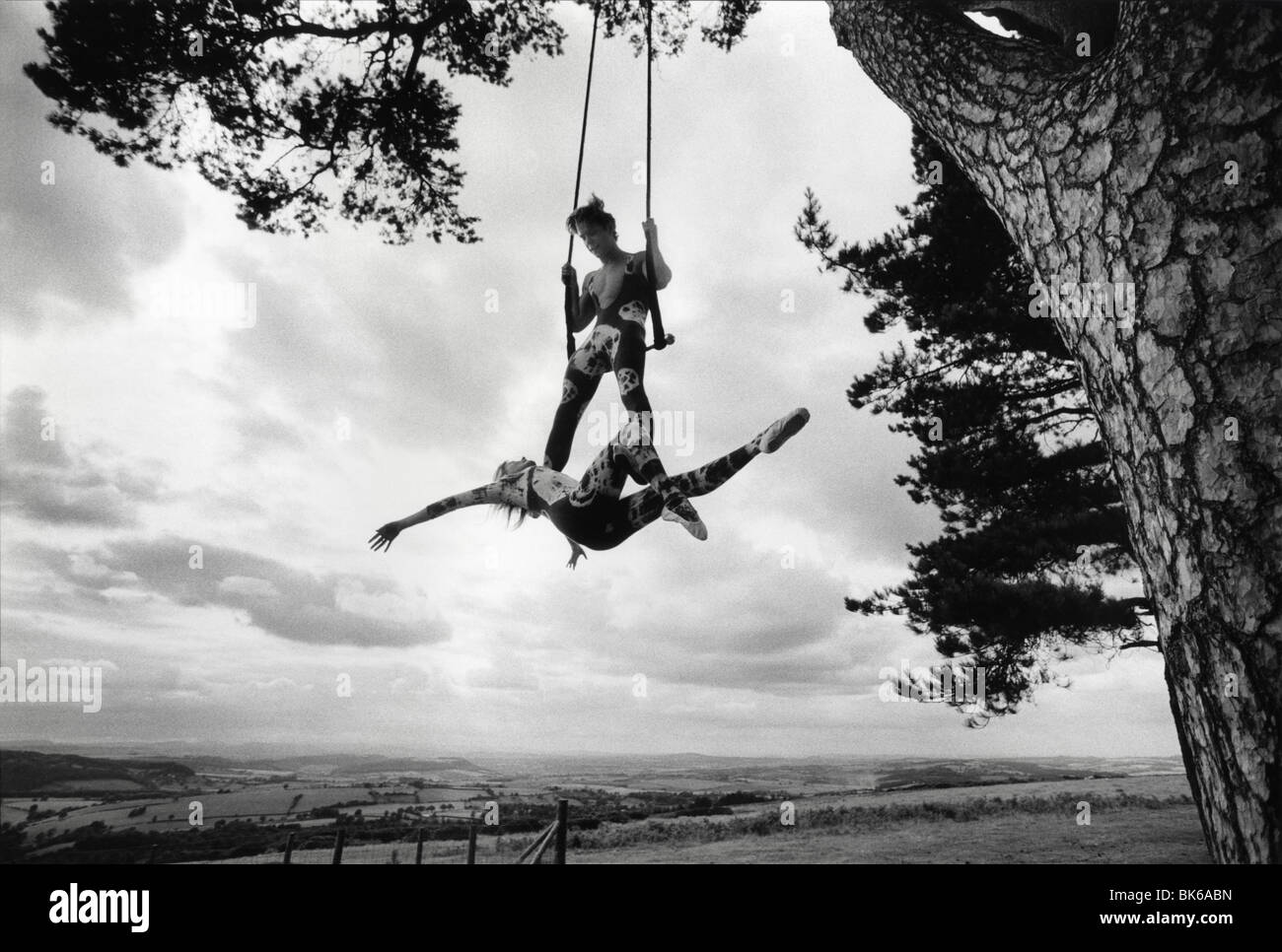 A couple of trapeze artists practice their act in the open air, swinging from the branch of a big tree Stock Photo
