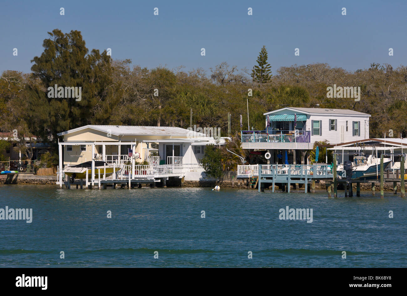 Waterside houses and boats, "St Petersburg", Florida, USA Stock Photo