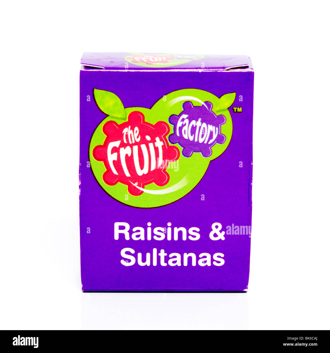 A small box of raisins & sultanas from the fruit factory on a white background Stock Photo