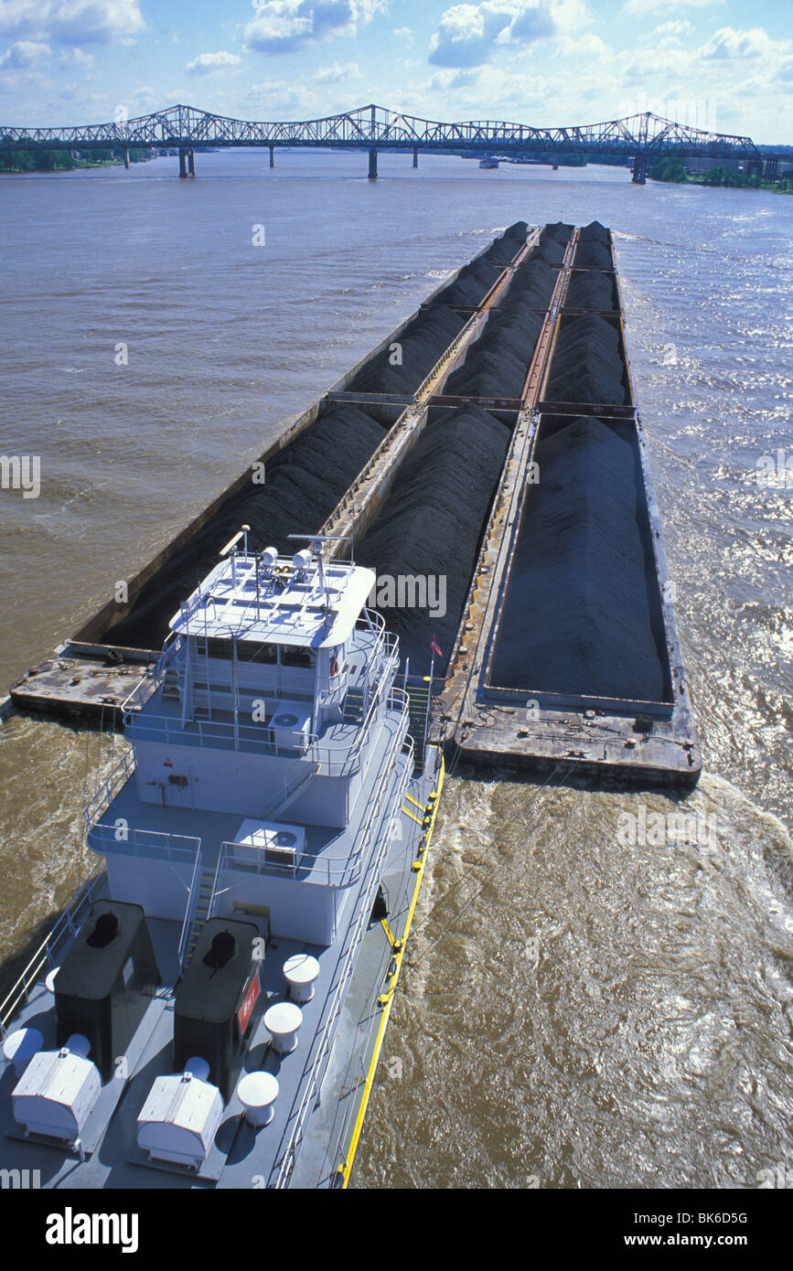 tugboat pushing coal barges up Ohio River Louisville Kentucky Stock