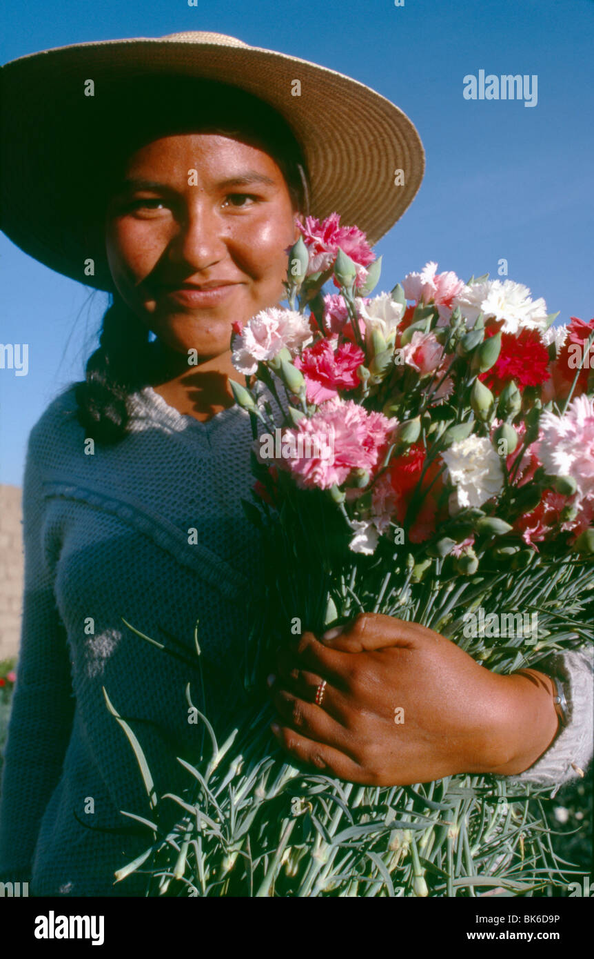 Bolivian girl holding bunch of carnations which she has picked from the field Stock Photo