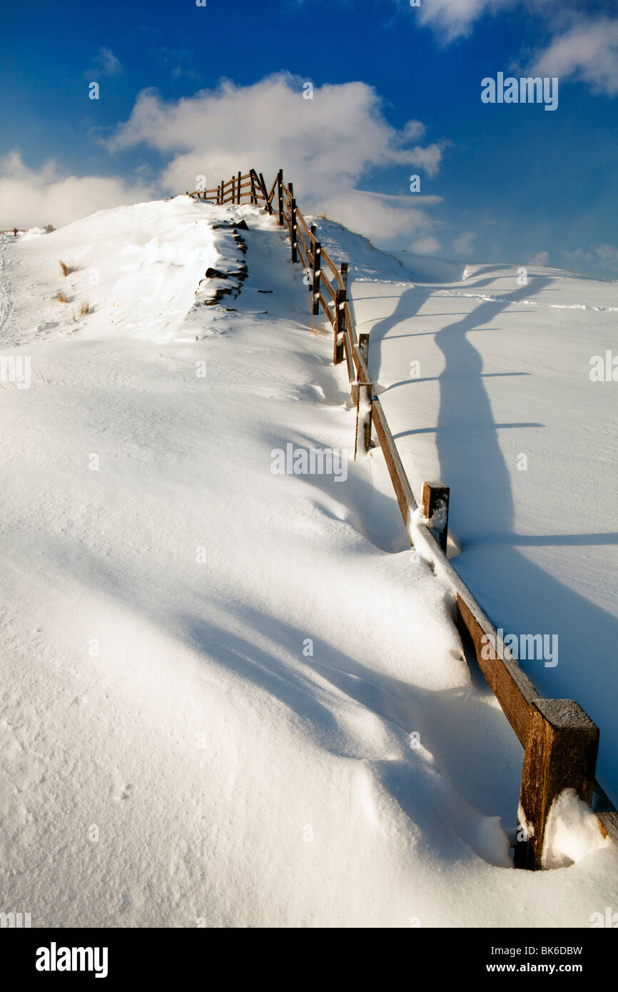 Snow Drifts against fence, Mam Tor, Peak District National Park, UK, England Stock Photo