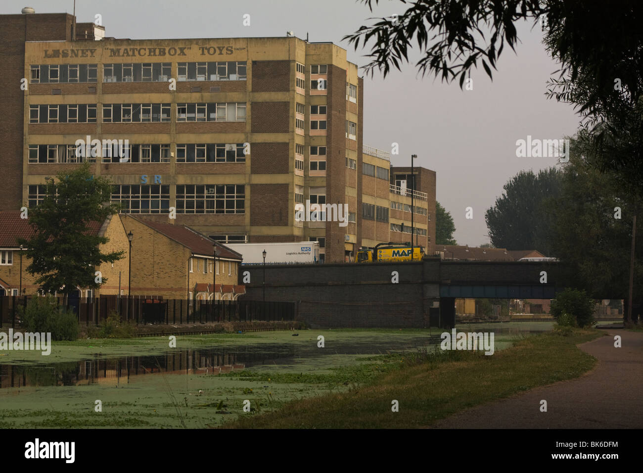 The Lesney Matchbox Toy factory standing derelict on River Lee London, Hackney, before demolition began in 2010. Stock Photo